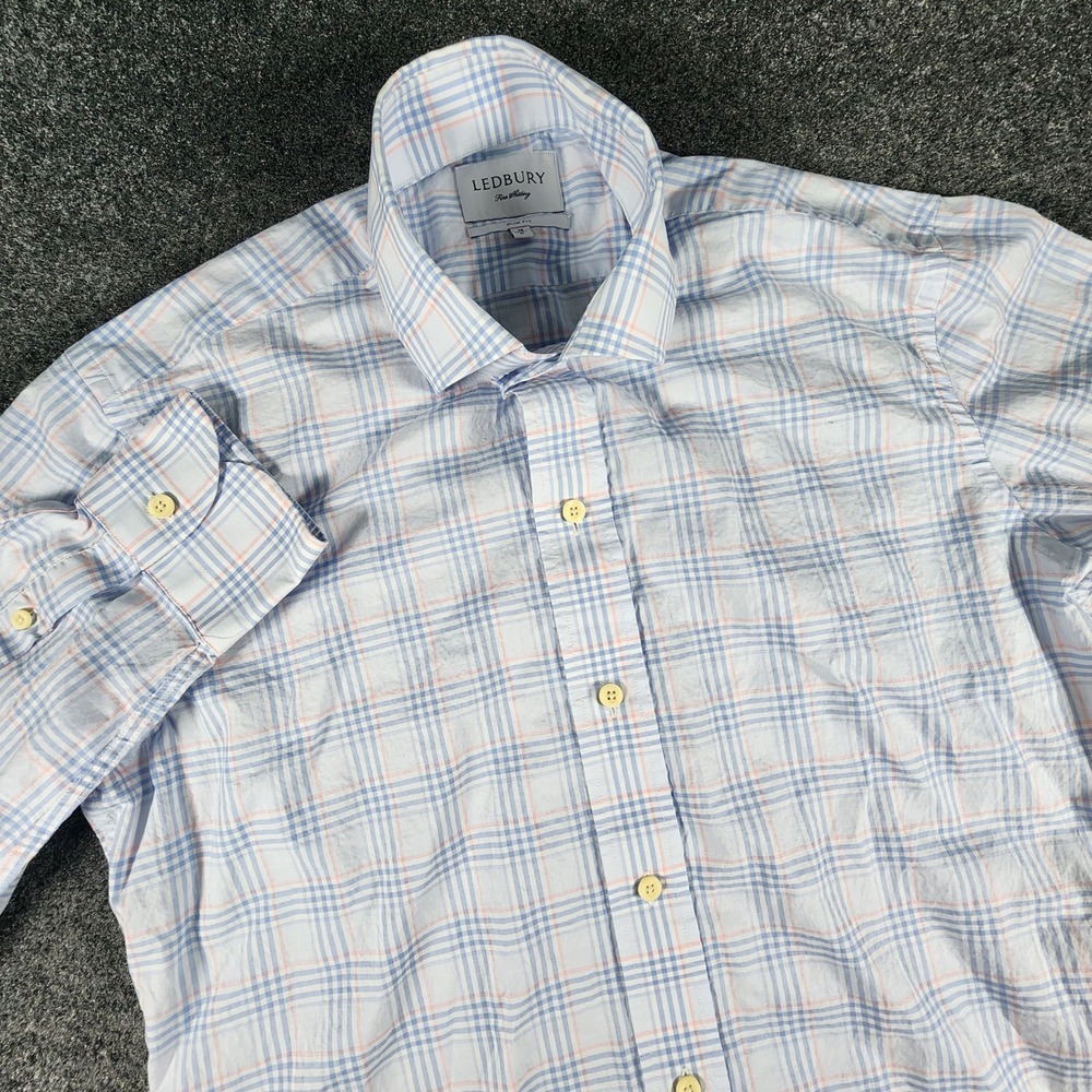 Ledbury Slim Fit‎ Button Up Shirt Mens 16 M Blue Pink Plaid Cotton Long Sleeve